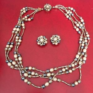 Vintage Jewelry Set Necklace & Earrings Faux Pearl - Multi-Strand Beads